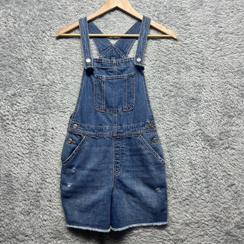 GAP Shortalls Girls XL Blue Overalls Bib Shorts‎ Distressed Adjustable Fray Hem